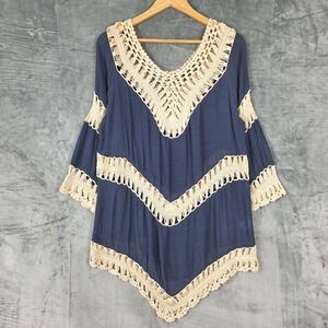 Womens Top 1X‎ Blue Crochet Boho Hippie Retro Festival Peasant Cottagecore Tunic